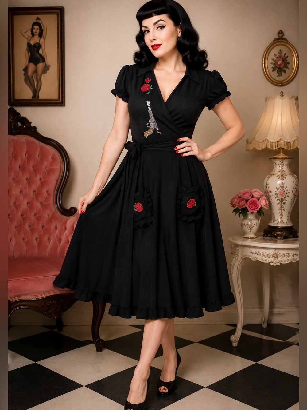 50s Vintage embroidered Lucky 13 guns & rose wrap dress retro pinup gothic 1950s